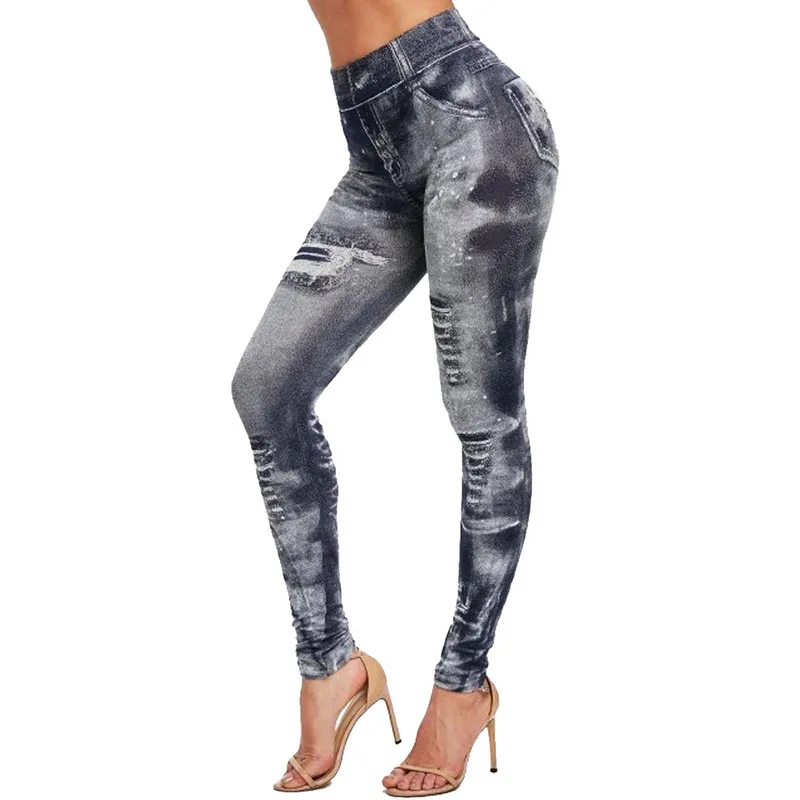 Sfit женские леггинсы для спортзала, искусственная лосины из джинсовой ткани, леггинсы с карманами и принтом, повседневные узкие брюки с высокой талией, большие размеры, штаны для йоги