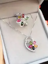 Natural multicolor tourmaline gem jewelry sets natural gemstone ring Pendant 925 silver elegant Luxury flowers women jewelry