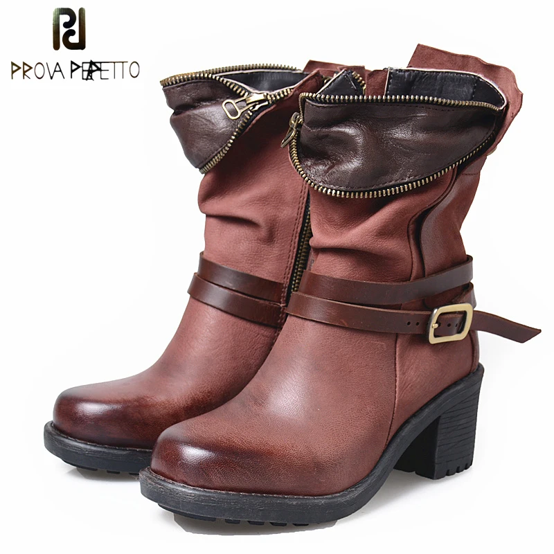 

Prova Perfetto 2018 Winter New Women Short Boots Chunky High Heel Martin Shoes Belt Buckle Round Toe Feminino Motorcyle Boots