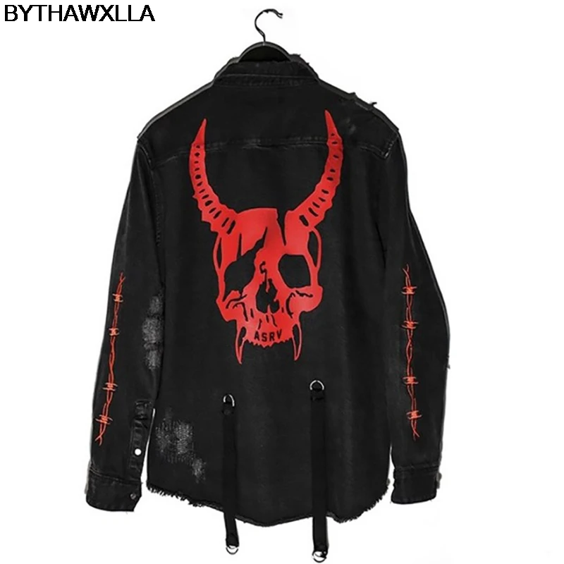 2019 Mens Hip Pop Jacket Streetwear Jeans Embroidery Denim Jacket Cross Gat Kleding Katoen Jeans Printed Jacket