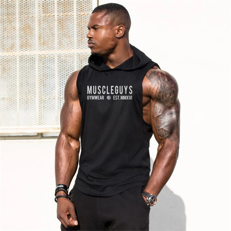 Zentrex Men's Workout Hooded Tank Tops Bodybuilding Muscle Cut Off T Shirt Splicing Sleeveless Gym Hoodies 