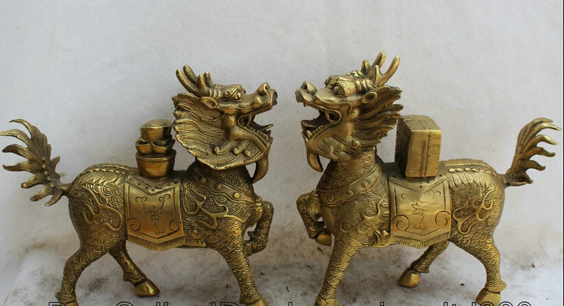 

JP S0524 9 Chinese Brass Feng Shui Beast Kylin Chi-lin Qilin sculpture Statue pair Discount 35%