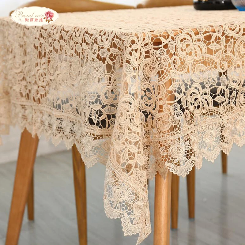 Proud Rose Light Coffee Embroidered Table Cloth European Lace Tea Table