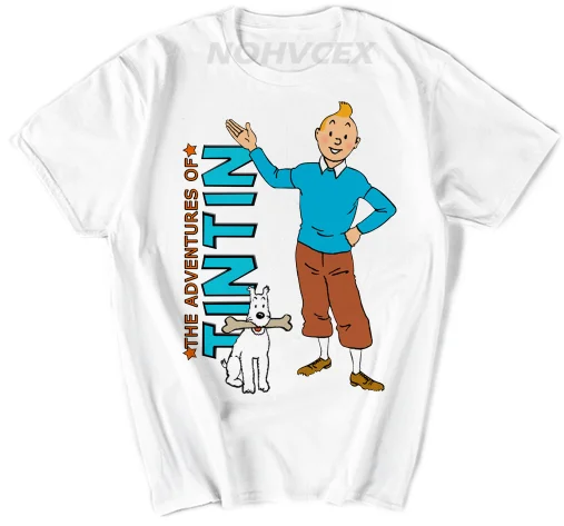 Белый Новая мужская футболка с принтом персонажа Tintin Новинка забавная Мужская хлопковая футболка футболки хипстер одежда - Цвет: Белый