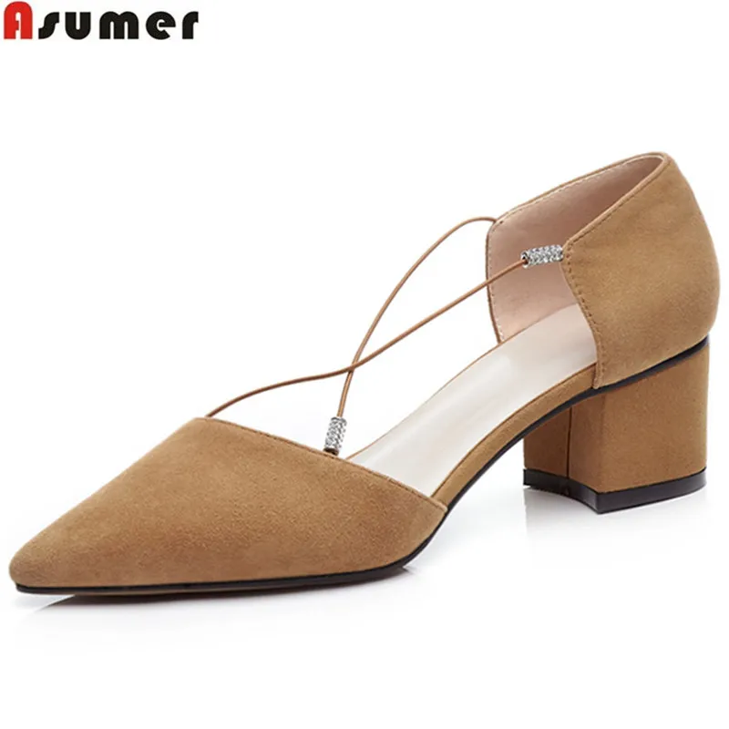 

ASUMER black fashion pointed toe casual single shoes woman simple square heel women high heels suede leather shoes size 33-40