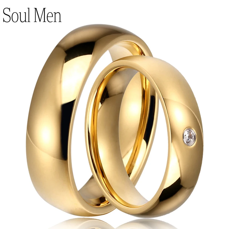 1 Pair 6mm CZ Stone Rings Set for Women Polish Dome for Men Gold Color Titanium Steel Couples Marriage Wedding Band