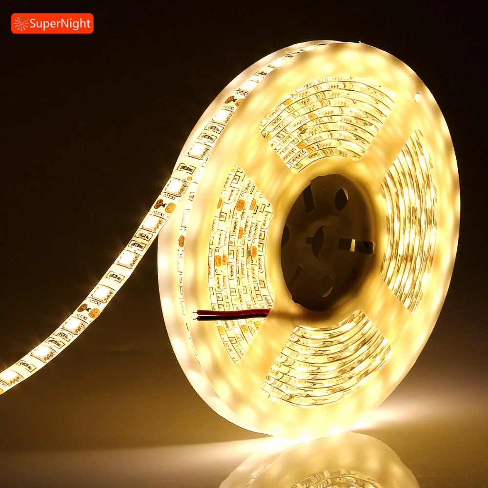 

SuperNight 5050 Warm White LED Strip DC 12V 5M 60LEDs/m Waterproof IP65 Flexible Ribbon Light Lamp Band for Home Store DIY Decor