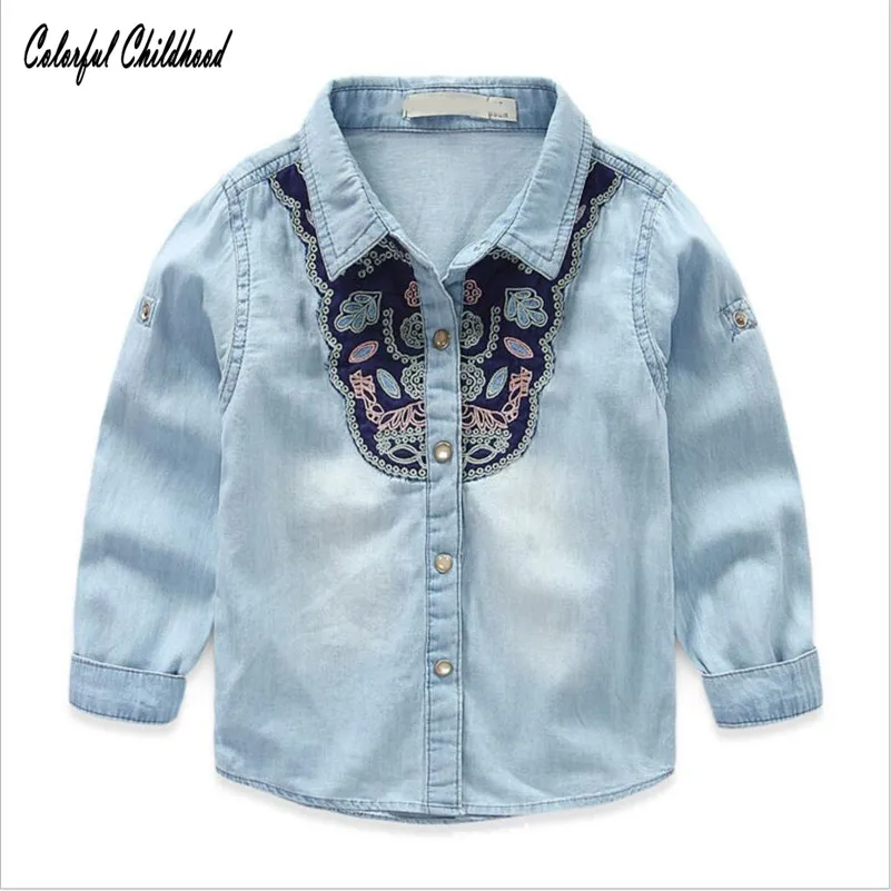 

Top quality autumn girls cotton long sleeve shirts denim embroidery baby girls princess blouse toddler casual tops baby clothes