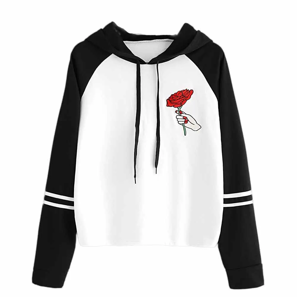 

autumn hoodies for womens with rose flower Black Hooded crop top patchwork blouse pullover hoody women oversize poleron mujer