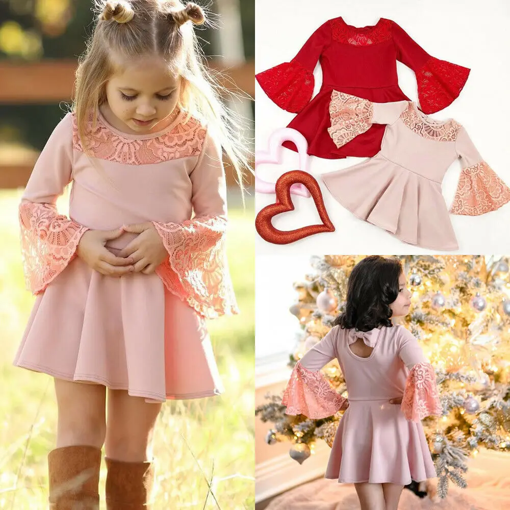 New 6M-12Y Toddler Kids Baby Girls' Love Lace Flare Sleeve Tutu Dress Princess Party Pageant Wedding Dresses Clothes Cute | Детская