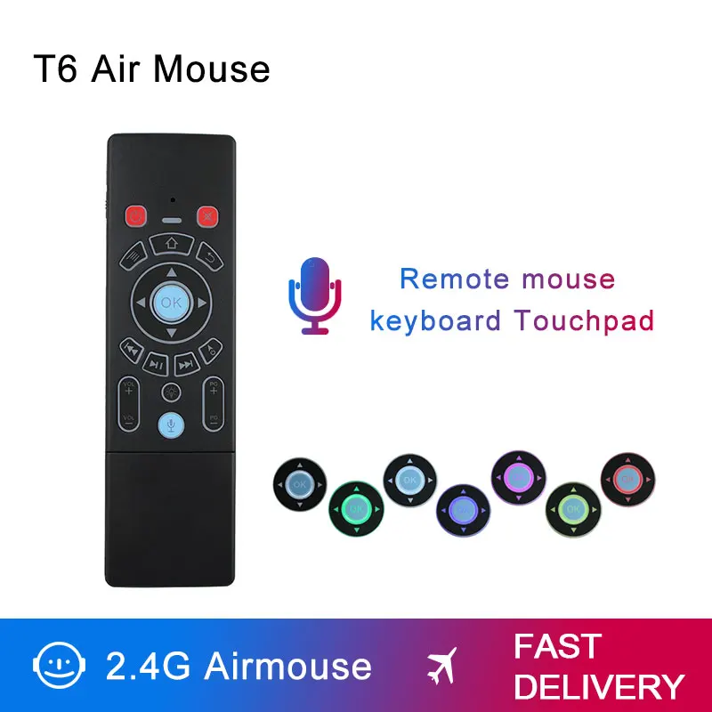 

T6 Plus Voice Remote Control 2.4G Wireless Fly Air Mouse mini keyboard English 7 Colors Backlight for TV Box T9 X96 MAX X96mini