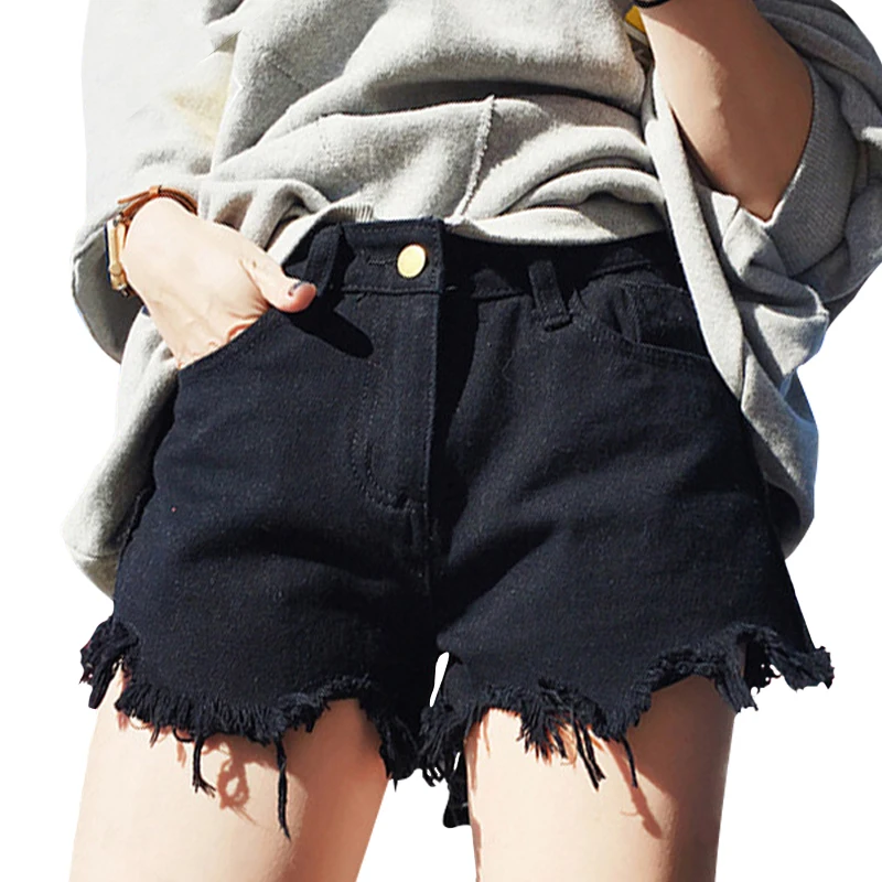 Женские летние шорты, джинсовые черные корейские винтажные свободные шорты с высокой талией и пуговицами