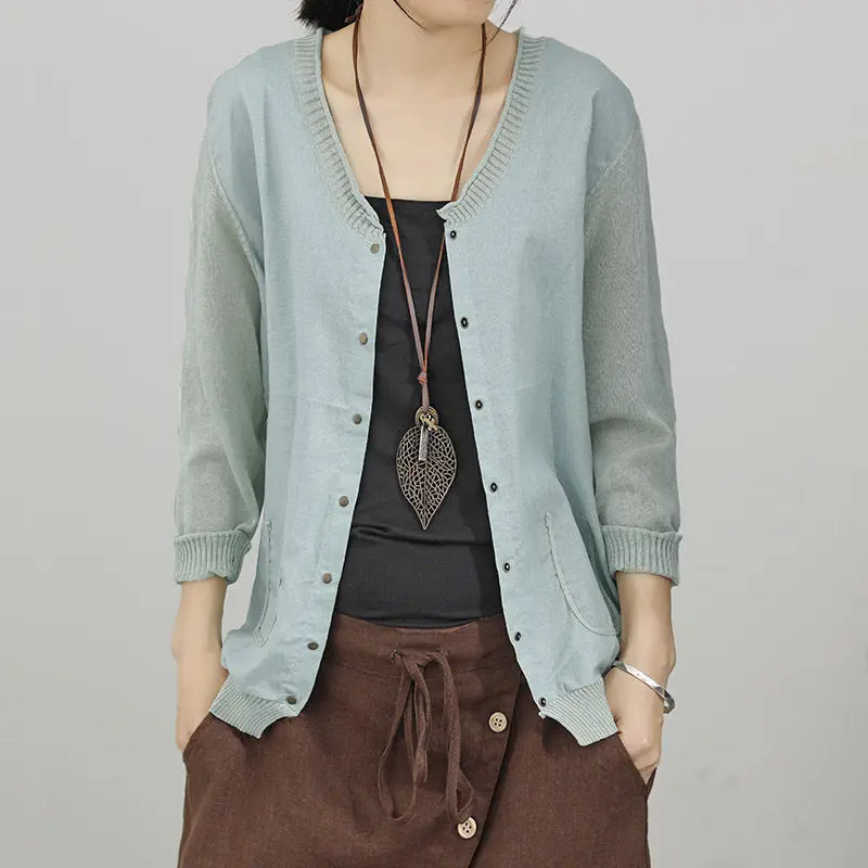Ideal  Retro Knitted Linen Sunscreen Outside Cardigan Women's Sweater Stitching Ultra-thin Breathable Summ