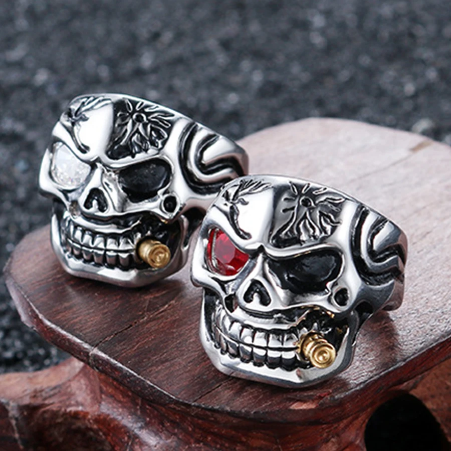 

Punk Bullet Skull Men Ring Skeleton Red CZ Stone Eye Rings for Mens Hyperbole 316L Stainless Steel Crystal Jewelry Drop Shipping