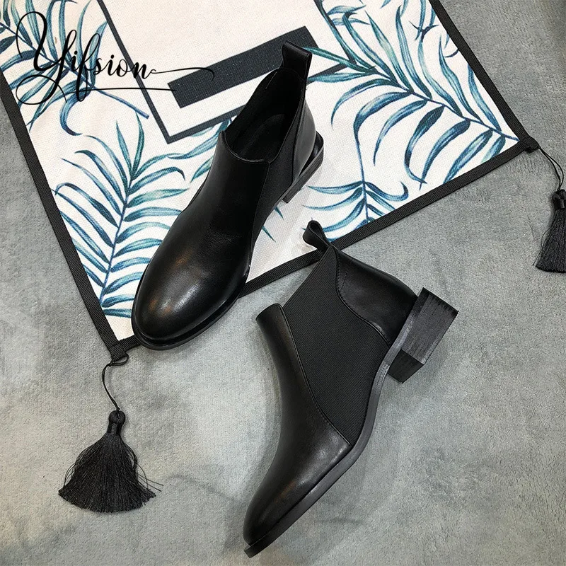 

OLOME New Black Genuine Leather Women Boots Round Toe Lace Up Thick Heel Women Autumn Winter Casual Boot Shoes Woman