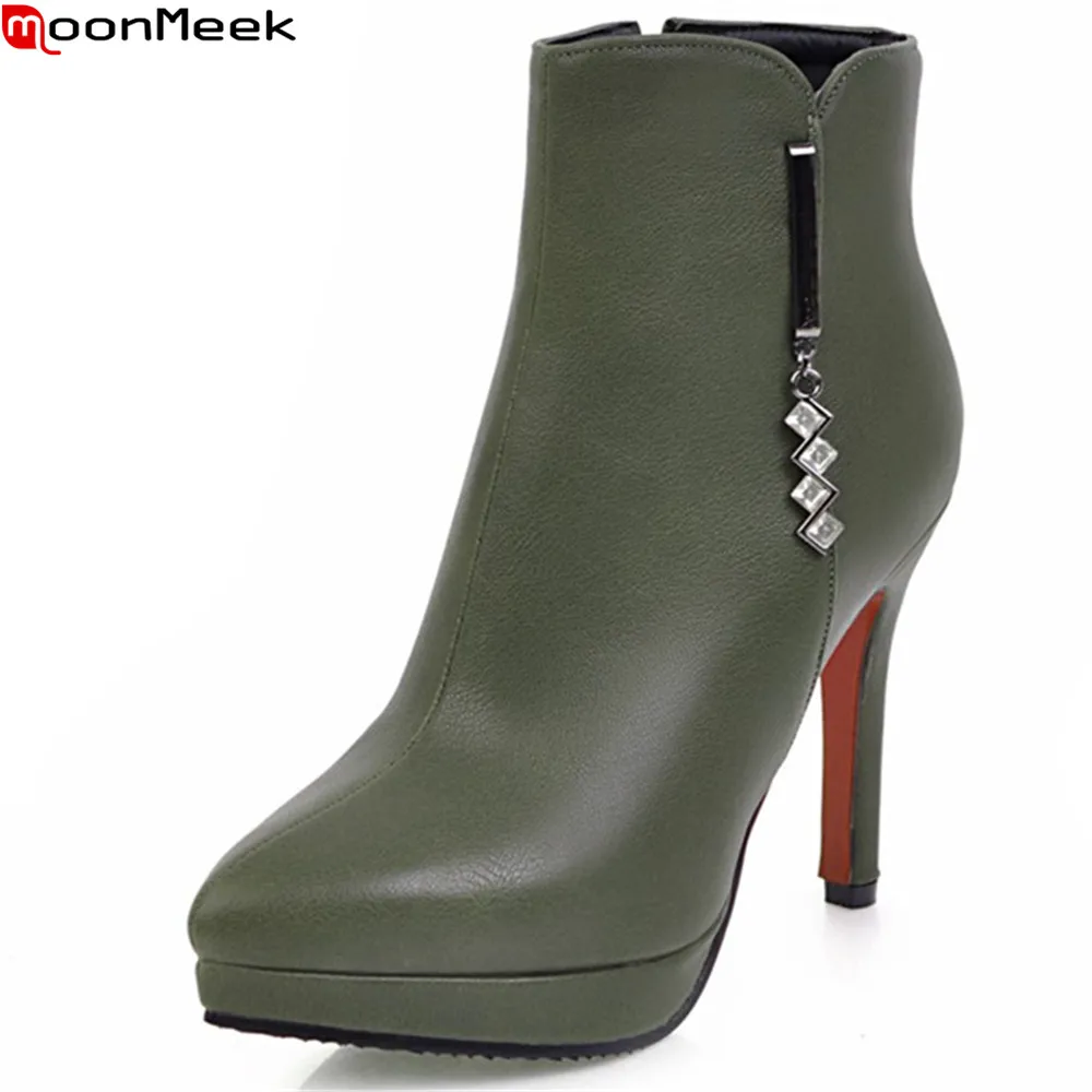

MoonMeek 2018 new arrive women boots pointed toe zipper ladies autumn boots platform crystal thin heel super high ankle boots