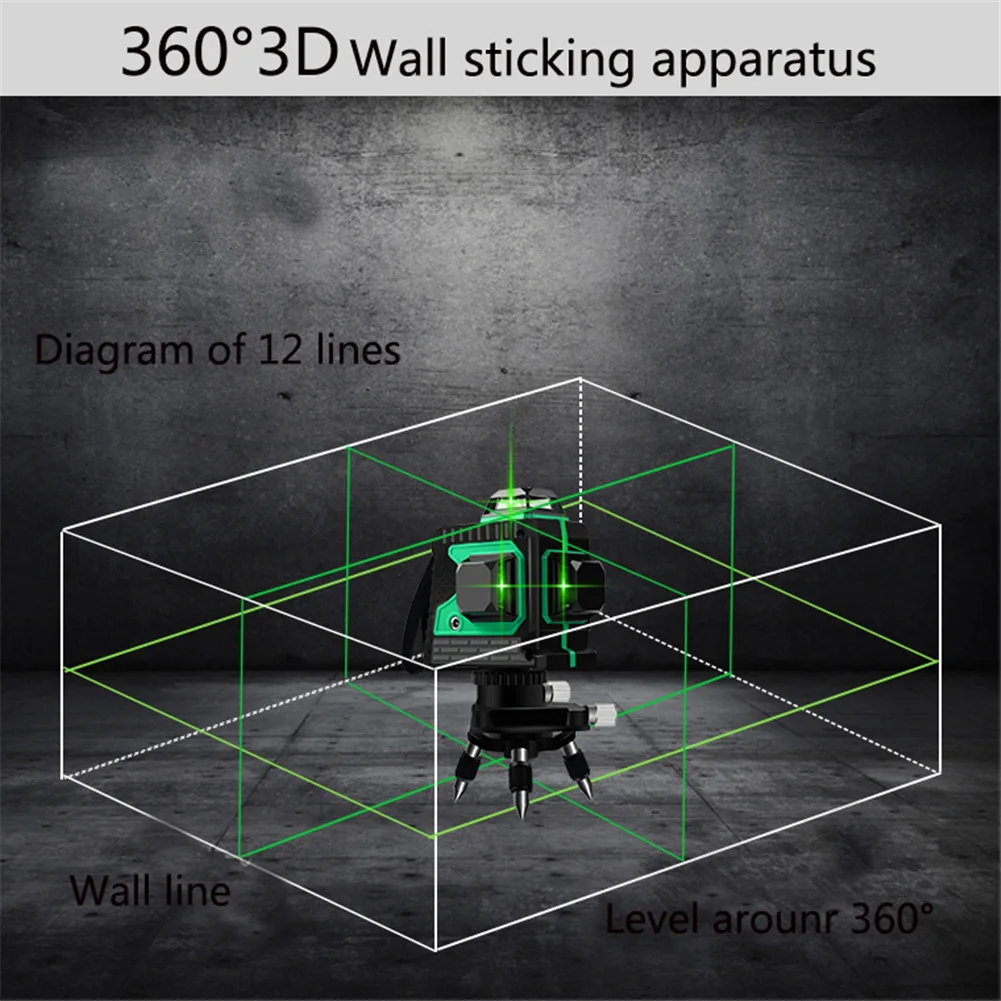 3D IP54 Водонепроницаемый 12 линий зеленый лазерный уровень самонивелирующийся 360 горизонтальный и вертикальный крест супер мощный зеленый лазерный луч