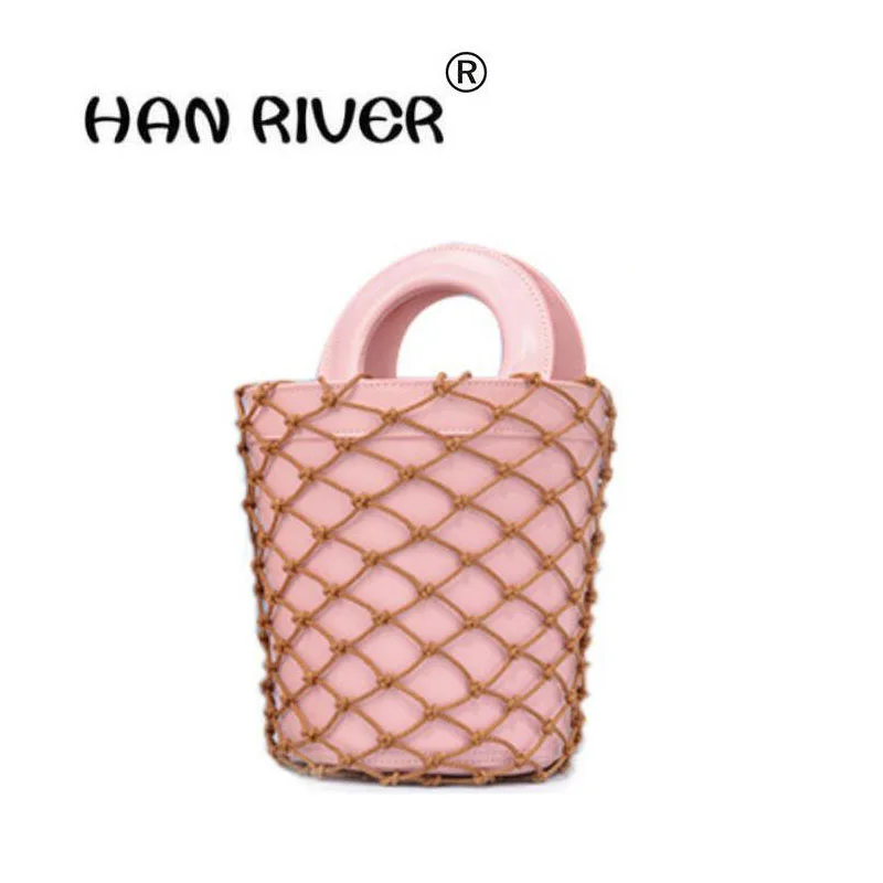 

HANRIVER 2018 Summer new style fashionable contracted pure color net knitting genuine leather lady to carry bucket bag