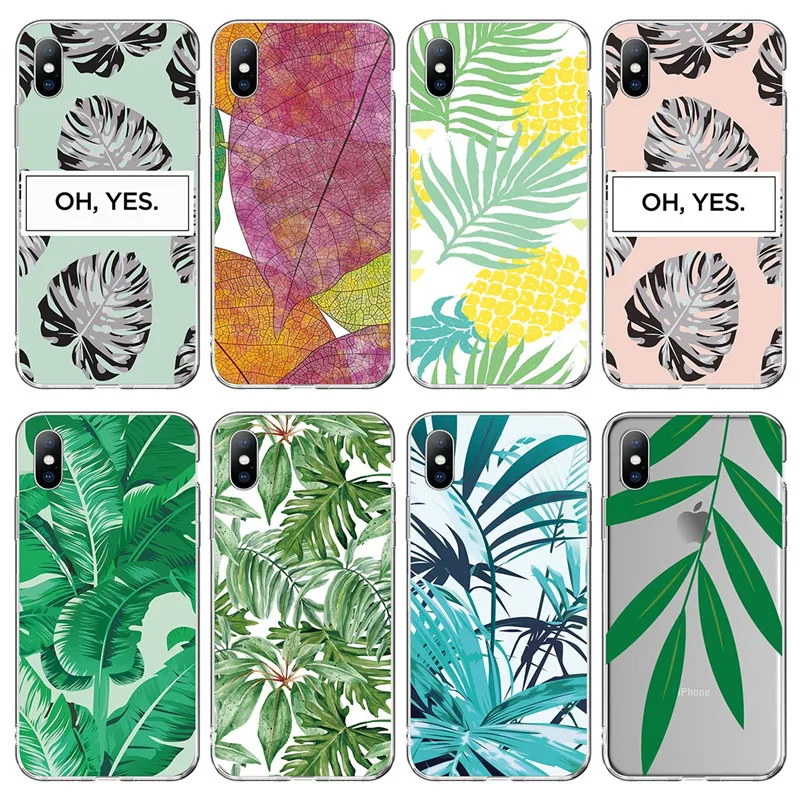 

Summer Green Leaf Pattern Phone 5 5S SE 6 6s 7 8 Plus Transparent TPU Soft Case For iPhone X XS Max XR XS Cover Back Cases