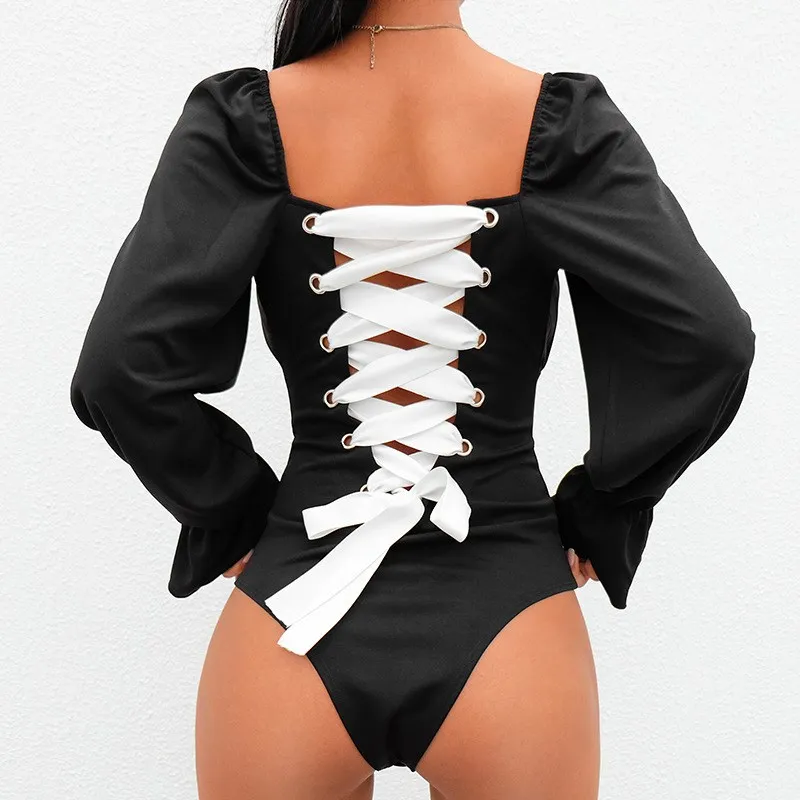 

2019 Lace Up Square Collar Lolita Style Backless Sexy Bodysuits Women Flare Sleeve Open Crotch Bodysuit