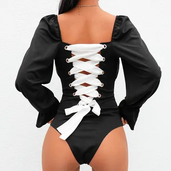 

2019 Lace Up Square Collar Lolita Style Backless Sexy Bodysuits Women Flare Sleeve Open Crotch Bodysuit