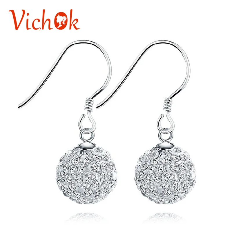 

VICHOK Ball Crystal Clip On Drop Earrings For Women Sterling Silver Party Charm Dangle Earrings Fashion Jewelry 7 Colors