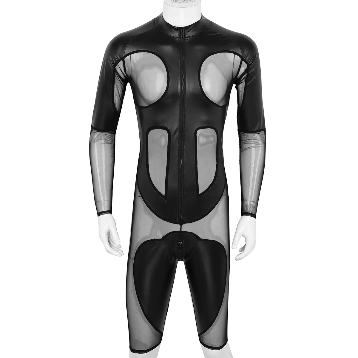 Mens One-piece Sexy Bodysuit Lingerie Gay Male Splice Long Sleeve Zipper Soft Boxer Shorts Leotard Jumpsuit Bodystocking -