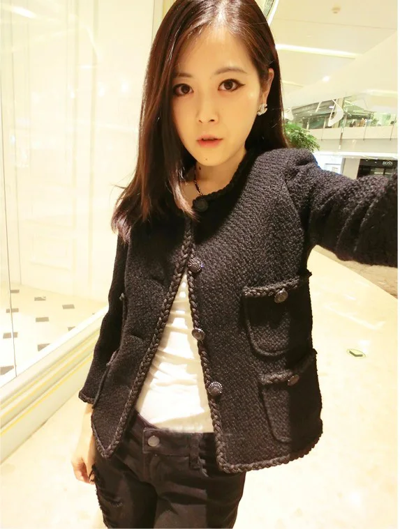 

2017 fashion jacket women wool tweed black jacket coat