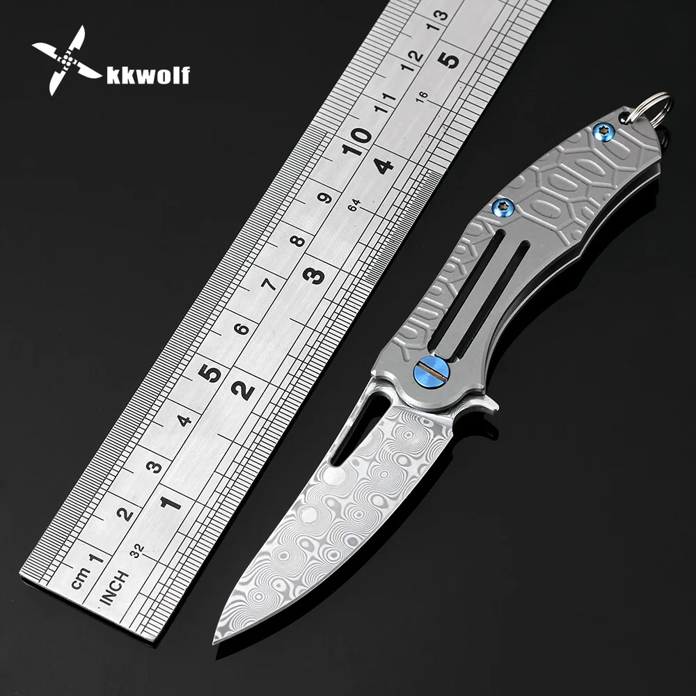 Kkwolf Дамаск карманный нож mini Titanium Ручка Кемпинг Тактический Выживание Складной нож EDC самообороны брелок нож подарок