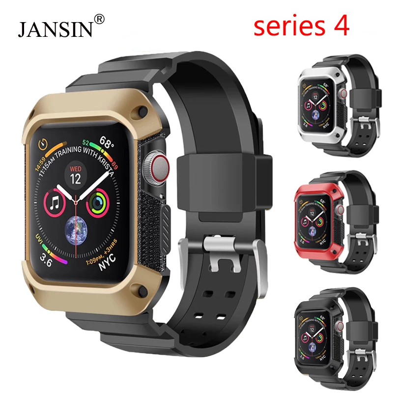 

JANSIN Sport Silicone strap for apple watch 44mm 40mm Bracelet Wrist watch band with Protective case for iwatch series 4 bands