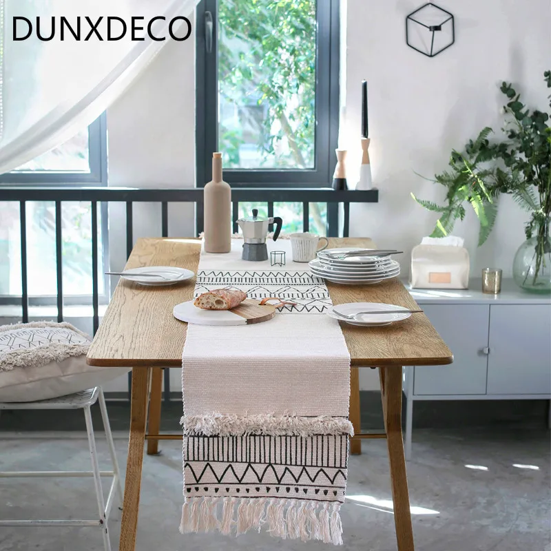 

DUNXDECO Table Runner Tablecloth Cover Fabric Nordic Geometric White Black Lines Tassels Modern Home Office Store Decoration