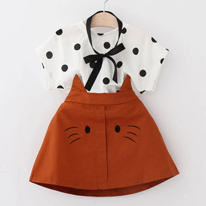 

2T Girls Clothes 2019 Summer Toddler Girl Sets Kid Clothes Dot Short Sleeve Top + Cartoon Cat Skirt 2 Piece Set Girl Set Dress