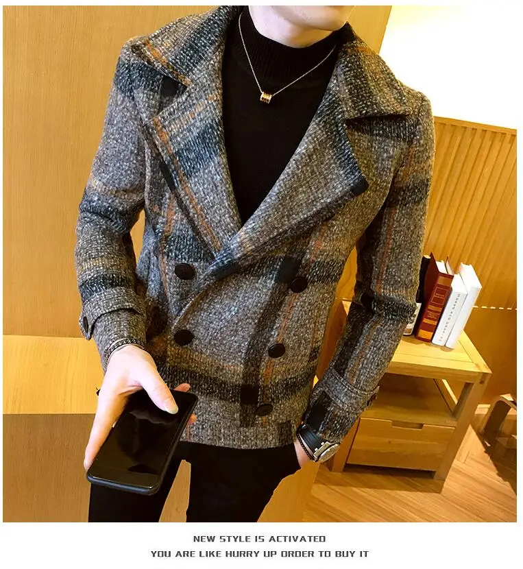 Мужское осеннее зимнее Новое корейское модное клетчатое толстое двубортное шерстяное пальто короткое приталенное черное пальто для мужчин