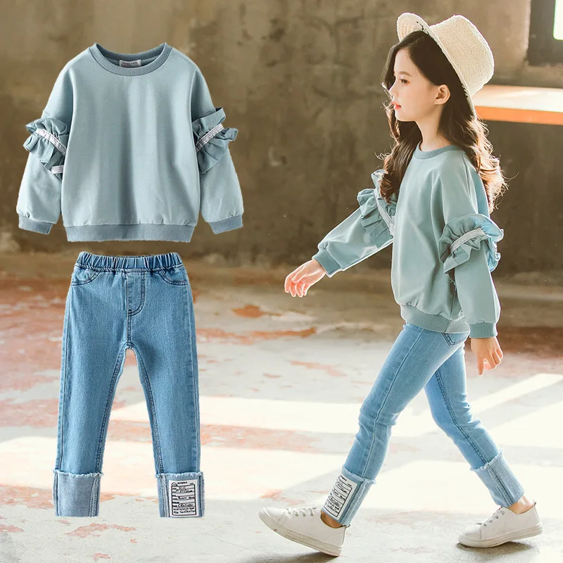 

Girl Set Spring Autumn Kids Clothing Set 2019 Solid Sweatshirt + Jeans Pants 2 Pcs Teenage School Girls Lace Sleeves Tracksuit