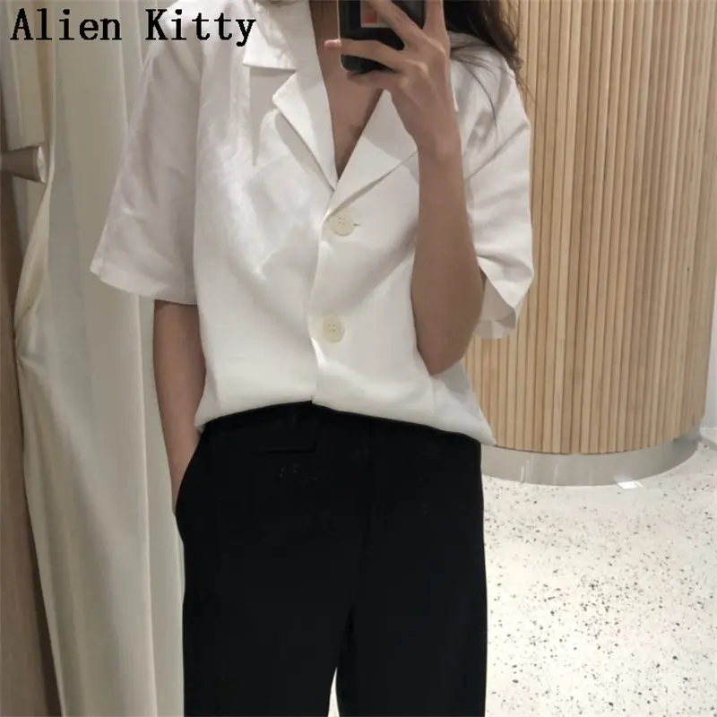 

Alien Kitty Summer Retro 2019 Ruffles Sweet Solid Simple Fresh Free Casual Loose Elegant Short Sleeves Female Shirt 2 Colors