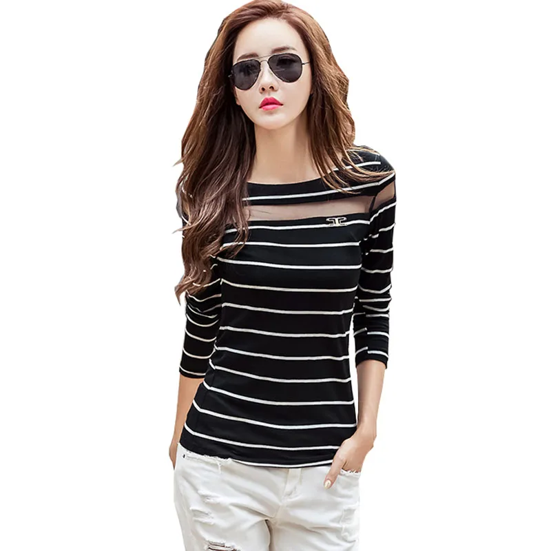 

tee shirt funny t shirts women t-shirt 2018 long sleeve tops slim black stripe woman