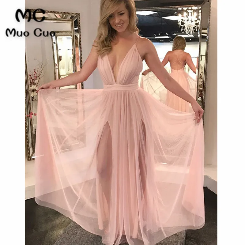 Charming A Line V Neck Open Back Chiffon Slit Pink Long Prom Dresses