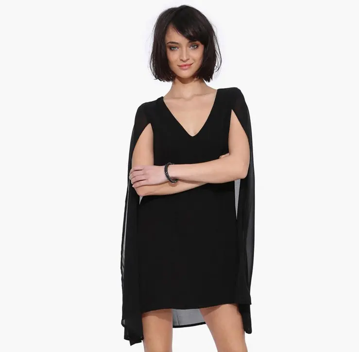 Women Chiffon Dress in Black Cape Dress 