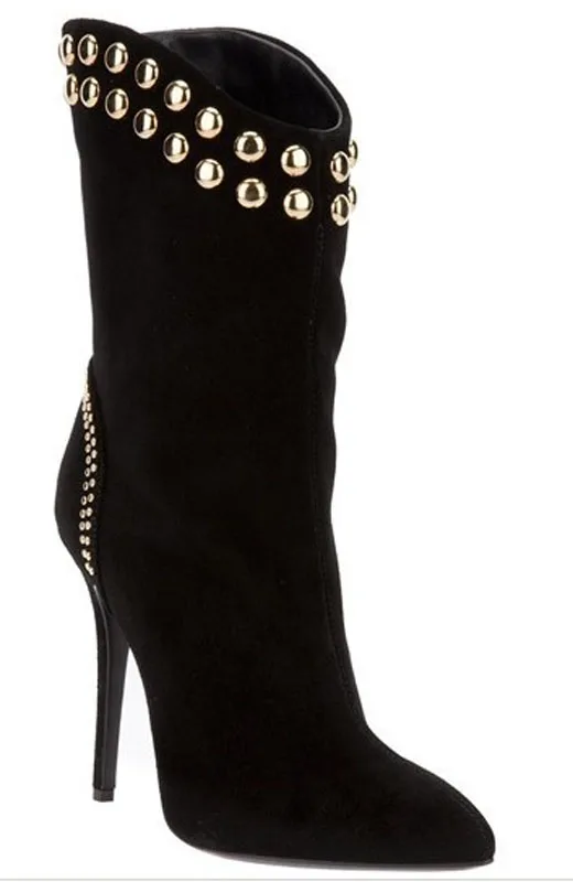 

Hot Selling Women Sexy Pointed Toe Thin High Heels Zapatos Mujer Rivets Studded Martin Botas Mujer Fashion Black Women Boots
