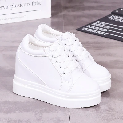 10cm Increase Flat Platform Shoes Female Thick Sole Students Casual Shoes Woman Flats Lace Up Solid White Black Women Shoes - Цвет: White