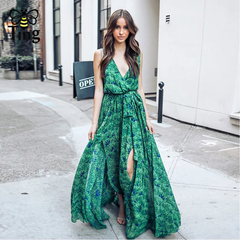 

Tingfly Women Dress Bohemian Maxi Dress Deep V Neck Long Dress with Sashes Green Floral Split Sexy Dress Plus Size XXL Summer Ne