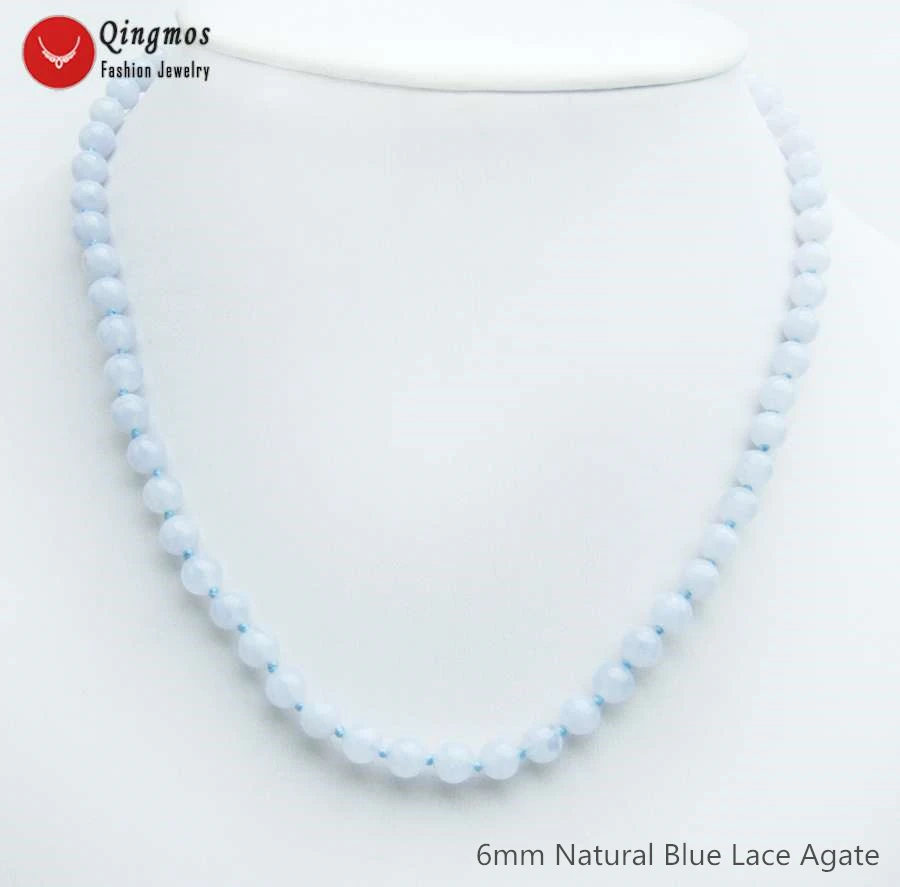 Qingmos Trendy Blue Lace Agates Necklace for Women with 6mm Round Natural Blue Lace Agates Stone Necklace Jewelry 17'' nec6545