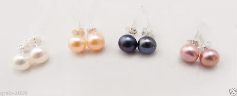 

FREE SHIPPING>>> Hot sale new Style >>>>Wholesale 4 Pairs White Black Pink Purple 7-8mm Freshwater Pearl Stud Earrings