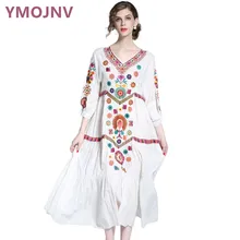 YMOJNV 2017 Do Sexo Feminino Verão Vestido Boemia Branco Vestido Plus Size roupas Femininas vestidos de Festa Bordado Do Vintage Com Decote Em V YM018