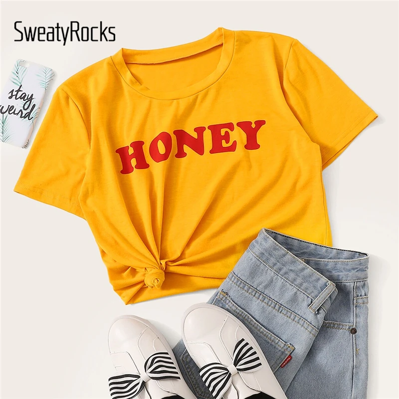 

SweatyRocks Yellow Letter Print Tee Streetwear Short Sleeve Basics Tees 2019 Summer Casual Women Kawayi T-Shirts