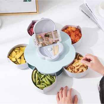 

Petal-Shape Rotating Snack Box candy Tray food Storage with 5 Removable Compartments Rotary Switch Dried Fruit Organized Storage