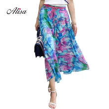 Лето Boho Стиль длинные юбки Новые Для женщин тонкий Винтаж Цветочный принт шифон юбка элегантная женщина пляжная юбка