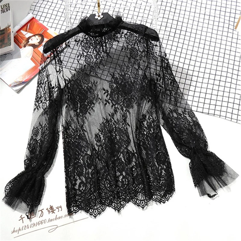 

Korean Women Lace Blouses Shirts Ladies Casual Sexy Elegant mesh Embroidery See-through Hollow Out Long Sleeve Base Shirt 17