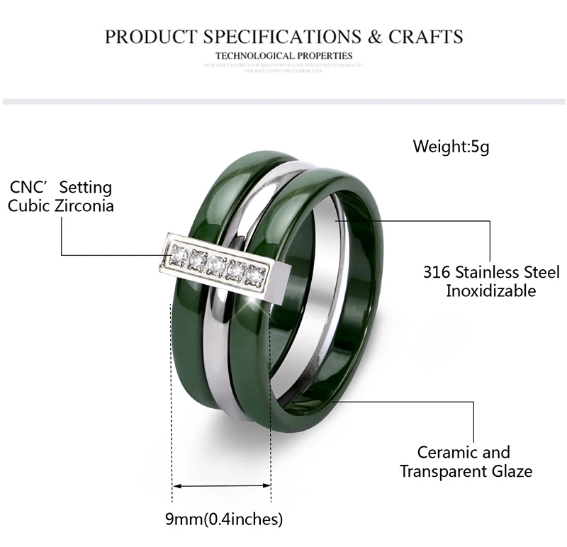 Новые трендовые керамические кольца зеленого и желтого цвета, стразы, три слоя, кольца из нержавеющей стали, никогда не выцветают, модные ювелирные изделия