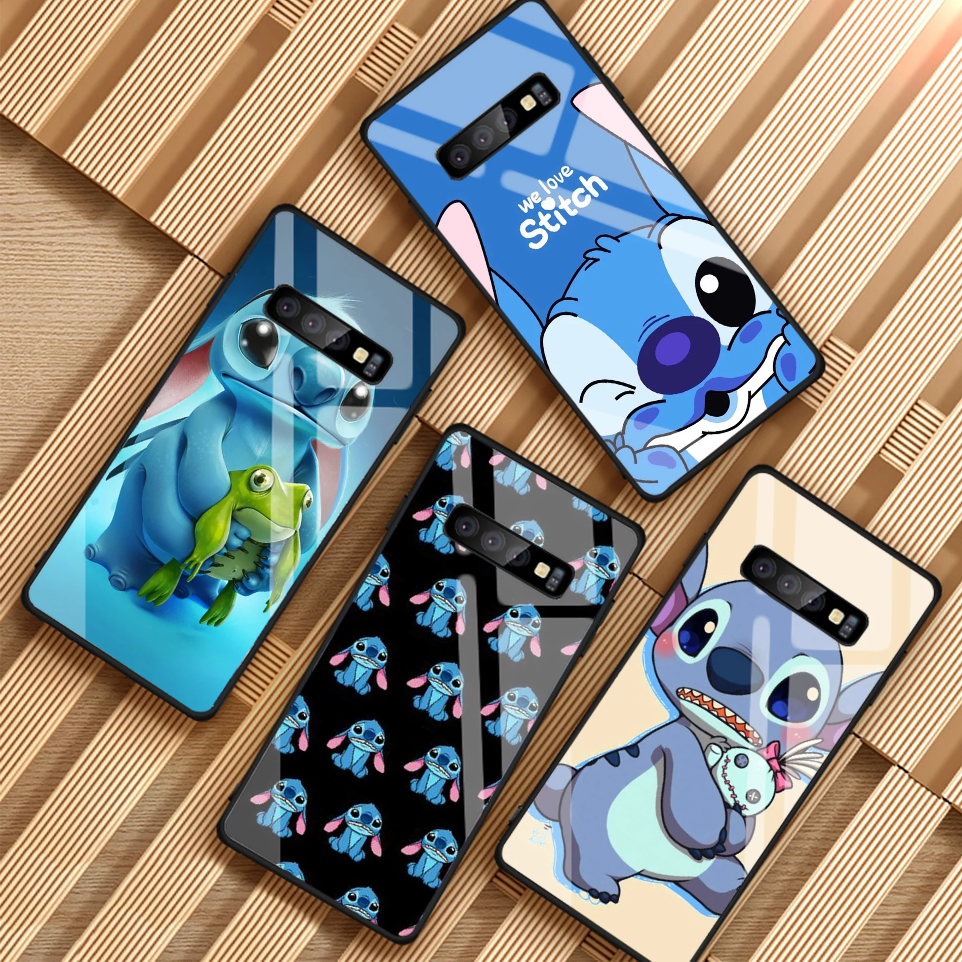 

Cute Cartoon Stich cell Tempered Glass Phone Case For Samsung Galaxy A6 A6S A8 A8S J6 J8 2018 S8 S9 S10 PLUS NOTE 8 9